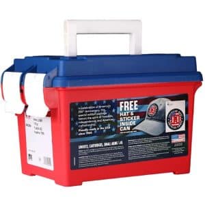 Red plastic toolbox with a blue lid and white handle, labeled promotional kit with a free hat and sticker inside the box