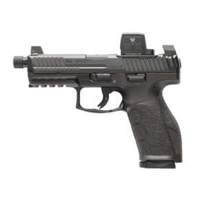 Black semi-automatic pistol with textured grip and mounted red-dot sight (VP9).