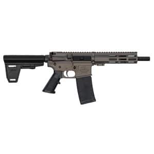 AR-style rifle with collapsible stock, angled forend, and detachable magazine on a tan receiver