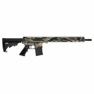 Camouflage-pattern AR-style rifle with adjustable stock and pistol grip on a white background.