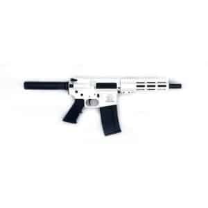 White AR-style rifle with black stock, grip, magazine, and handguard; appears as a toy or replica with a long barrel and silencer-like muzzle