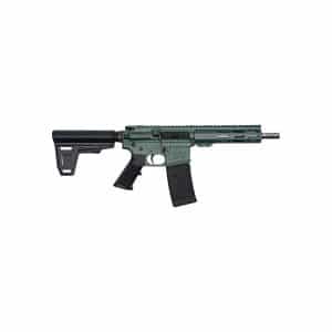 Green and black tactical rifle with adjustable stock, pistol grip, and a long rails system—drawn as a modern assault rifle