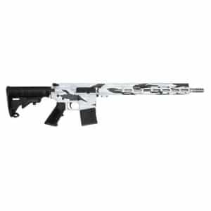 Assault rifle with white and black camouflage, black stock, and a detachable magazine on a white background