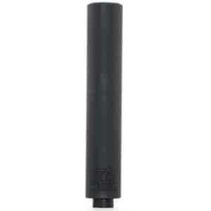 Black cylindrical tube standing upright on a white background, with a small cap at the bottom; resembles a suppressor or cylindrical sleeve.