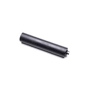 Black cylindrical metal device with a threaded end, lying diagonally on a white background.