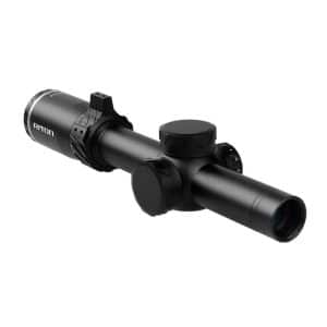 Black rifle scope with adjustment dials and lenses facing left and right, mounted diagonally on a tube
