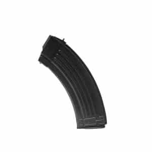 Black curved rifle magazine with ridges, positioned diagonally against a white background