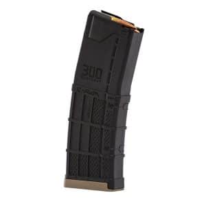 Black 30-round magazine for .300 Blackout, tan base plate, loaded with cartridges against a white background