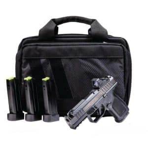 Black tactical bag with a handgun and four magazines arranged in front.