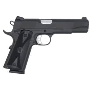 Side view of a black semi-automatic pistol with a textured grip and metal slide photographed in profile, left side show.