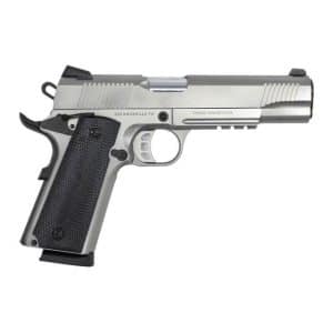 Semi-automatic pistol with silver slide and black textured grip shown in left-side profile on a white background