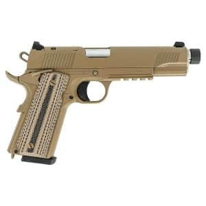 Desert tan 1911-style semi-automatic pistol with ribbed slide and textured grip panels/rails visible on the frame.