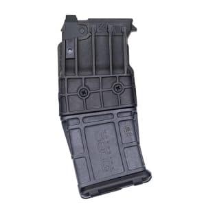 Black polymer rifle magazine with ribbed body, standing upright, labeled with a 10 rnd marking and capacity indicators.