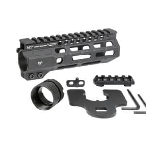 Black modular AR-style rifle handguard with M-LOK slots and Picatinny rail, plus mounting hardware and tool/adapter pieces