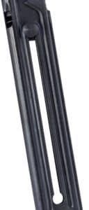 Close-up of a black metal tripod leg with a large U-shaped slot and a square base, part of a stand