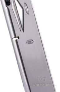 Silver metal handheld tool with a black base and a curved slot near the top, resembling a stapler or magazine accessory.