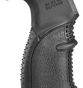 Curved, textured handgun grip with a pistol-style finger groove and ergonomic contours, used to hold and stabilize a firearm.