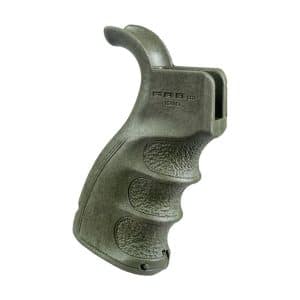 Ergonomic olive-green pistol grip with three finger grooves for a firearm, curved top and textured surface.
