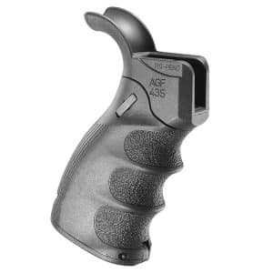 Pistol grip accessory for a rifle with three finger grooves and a curved top guard at the back edge