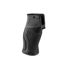 Ergonomic black pistol grip with textured surface and slight finger groove