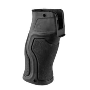 Black ergonomic pistol grip with a textured surface and finger groove.