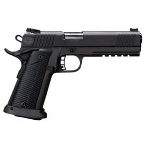 Left-side view of a black semi-automatic pistol with a textured grip and rail.
