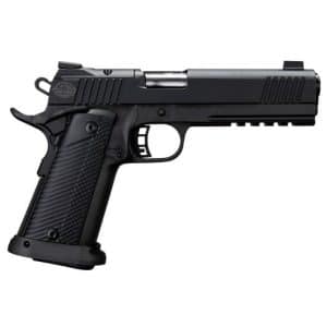 Side view of a black semi-automatic pistol with a textured grip and long barrel rail system