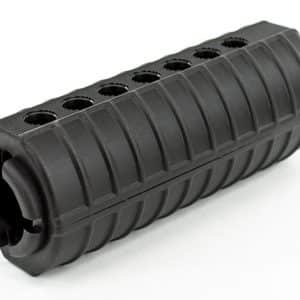 Black ribbed rifle handguard segment with circular mounting holes along the top edge