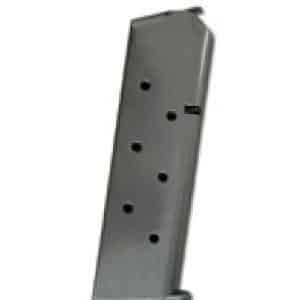 Metal pistol magazine with round-count holes, viewed at a slight angle on white background.