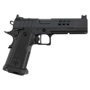 Black semi-automatic handgun shown in profile from the left, with a textured grip and extended magazine baseplate.