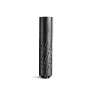 Matte black rifle suppressor with spiral grooves and a cylindrical shape.
