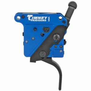 Blue Tunney Triggers rifle trigger assembly with black lever and adjustment screws.
