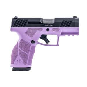 Purple and black semi-automatic pistol with a textured grip, shown in side view