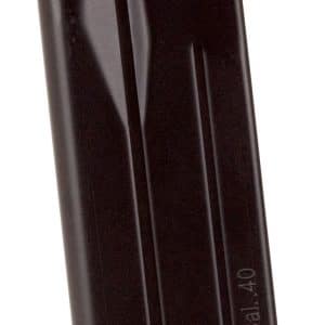 Black .40 caliber pistol magazine with an orange follower visible at the top and a curved base plate.