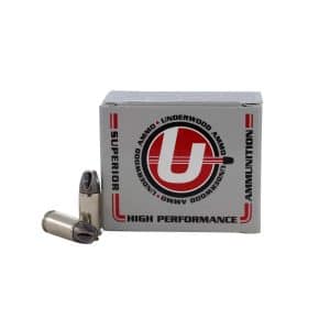 Box of Underwood High Performance ammunition with two cartridges resting beside it.