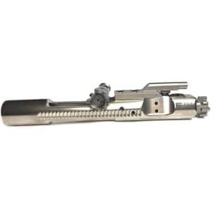 Stainless steel firearm slide with grooved surface and rear sights, viewed from the side on a white background.