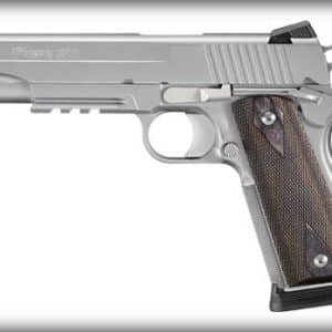 Silver semi-automatic handgun with a brown textured grip, shown in profile.