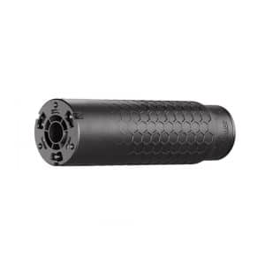Black rubber bicycle handlebar grip with a hexagonal tread pattern and a circular locking end cap on the left side