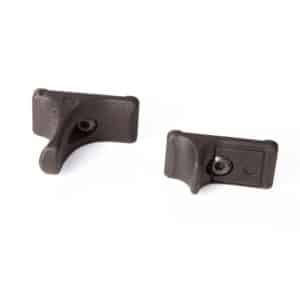 Pair of small dark metal mounting brackets with curved inner grooves and screws on a white background.