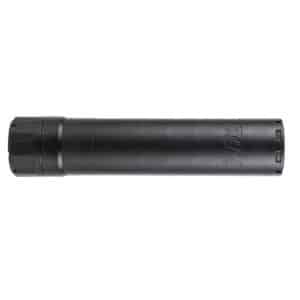Black cylindrical firearm silencer laid horizontally on a white background, matte finish with end caps visible at left and right.
