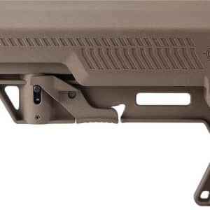 Tan adjustable rifle buttstock with rubberized recoil pad and mounting channel, shown profile view (gun stock attachment for firearms)