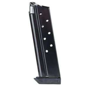 Metal handgun magazine with witness holes and a rectangular base plate.
