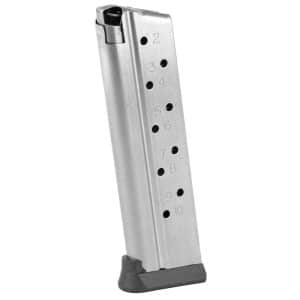 Metal handgun magazine with numbered holes (2–10) and a dark base plate, lying upright.