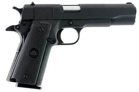 Side view of a black semi-automatic pistol with a textured grip against a white background.