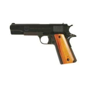 Semi-automatic handgun with a wooden grip shown against a white background.