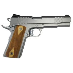 Side view of a stainless-steel semi-automatic pistol with brown checkered wood grips