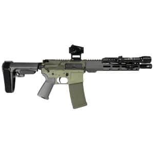 Tactical rifle with tan magazine, adjustable stock, rails, optic sight, and mounted foregrip/ flashlight accessory.