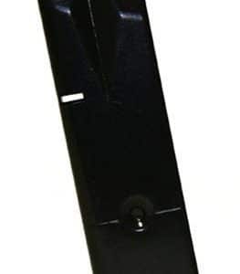 Black handgun magazine standing upright with baseplate at bottom.