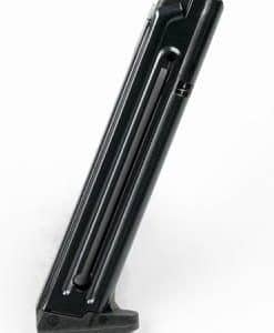 Detachable pistol magazine in black metal, standing upright on a small base.