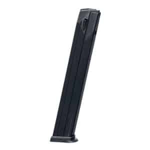 Black curved pistol magazine with a visible baseplate, standing upright on a white background.